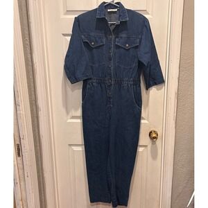 VTG IDEAS Denim Jumpsuit Women Medium Blue Wash Button Front Utility 3/4 Sleeves